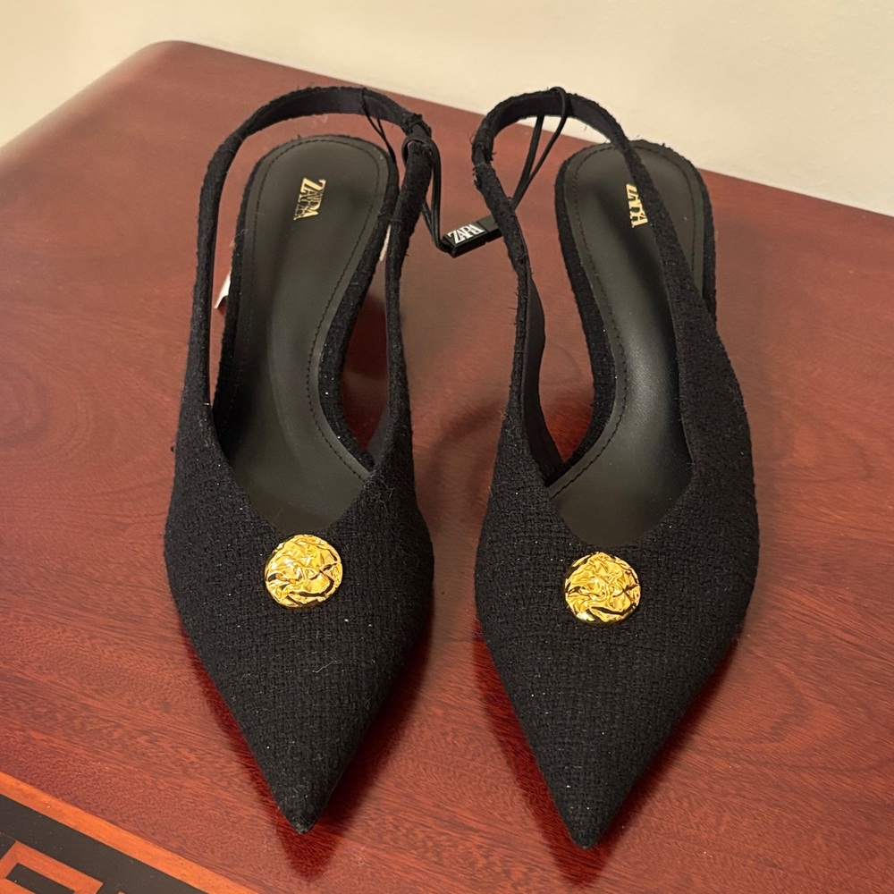 Zara tweed textured decorative button pointed toe black sling back heels sz.8 - Picture 5 of 13